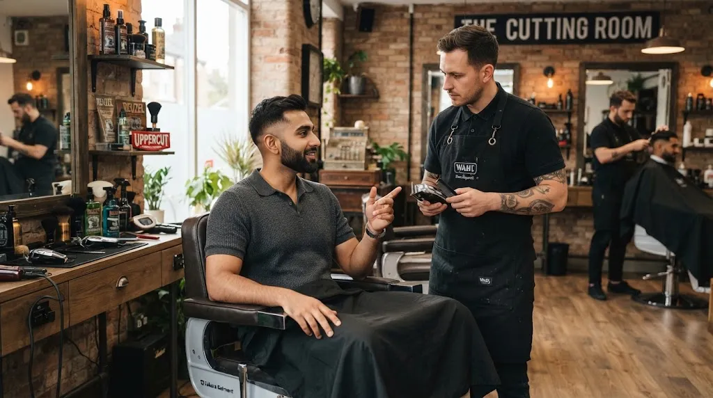 An Indian man in a modern barbershop consulting with his barber about his buzz cut length and fade style