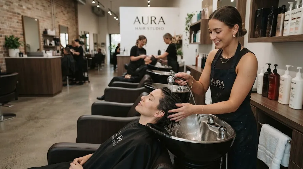 A professional stylist rinsing and washing stubborn pomade buildup out of short hair at a salon shampoo bowl