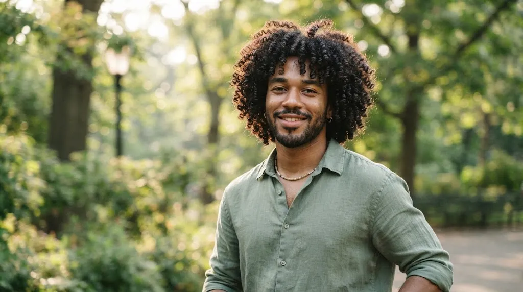 Man with well-defined, frizz-free curly hair showing healthy curl texture outdoors in humid weather