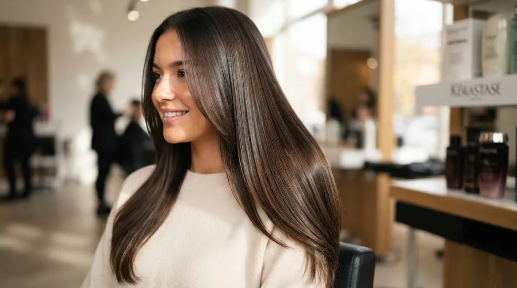Close-up of healthy shiny hair after using heat protectant spray