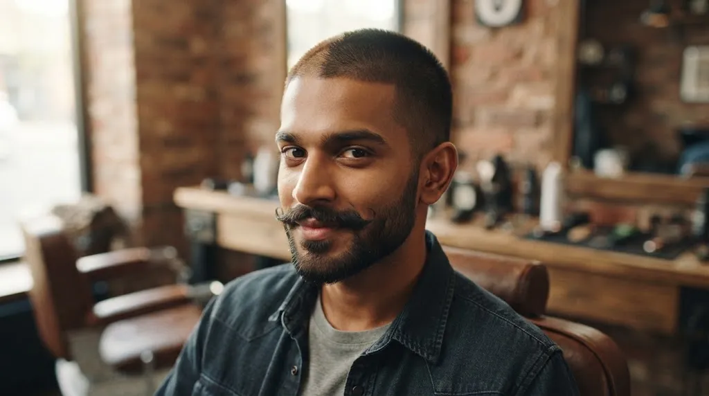 A close-up portrait of an Indian man in a barber shop, showing the visual difference between a short #1 buzz cut and a slightly longer #2 buzz cut on his head.