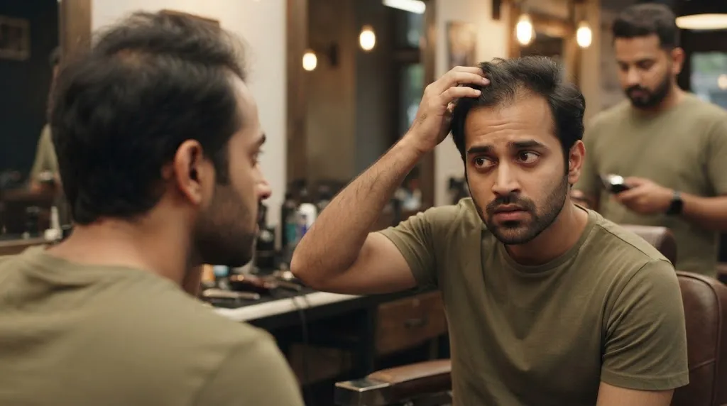 A contemplative young Indian man looking anxiously at his thick hair in a mirror before a buzz cut.