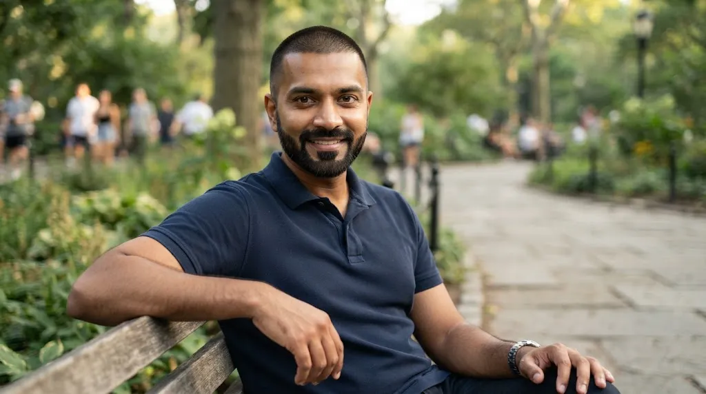 Indian man showcasing a clean #2 buzz cut hairstyle paired with a stylish short boxed beard