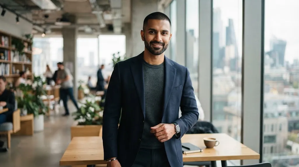 Indian man showcasing a clean buzz cut paired with a sharp short boxed beard