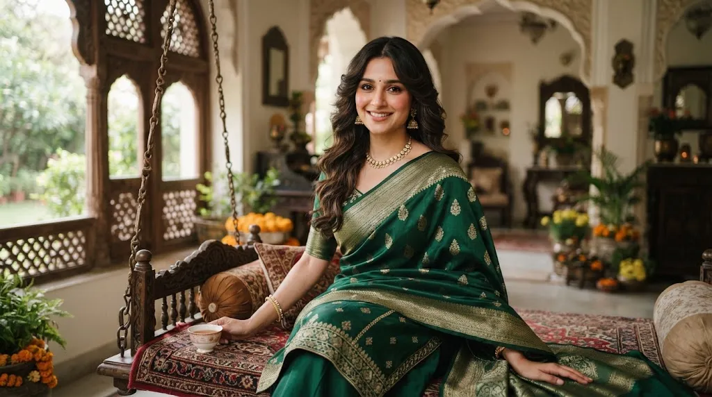 Indian style front hair cut with long hair framing the face while wearing a traditional saree and salwar suit