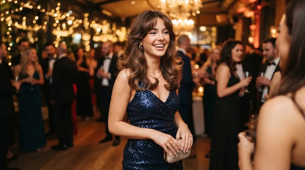 A woman with long Indian hair styled into voluminous curtain bangs and bouncy outward flicks for a party look