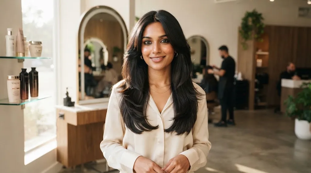 A real-life photograph of an Indian woman with long dark hair showcasing a stylish front hair cut and face-framing layers.