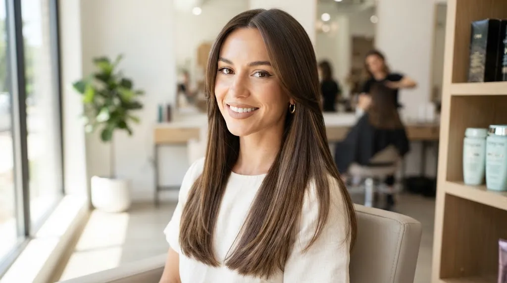 Long straight Indian hair with soft face-framing front layers and curtain bangs
