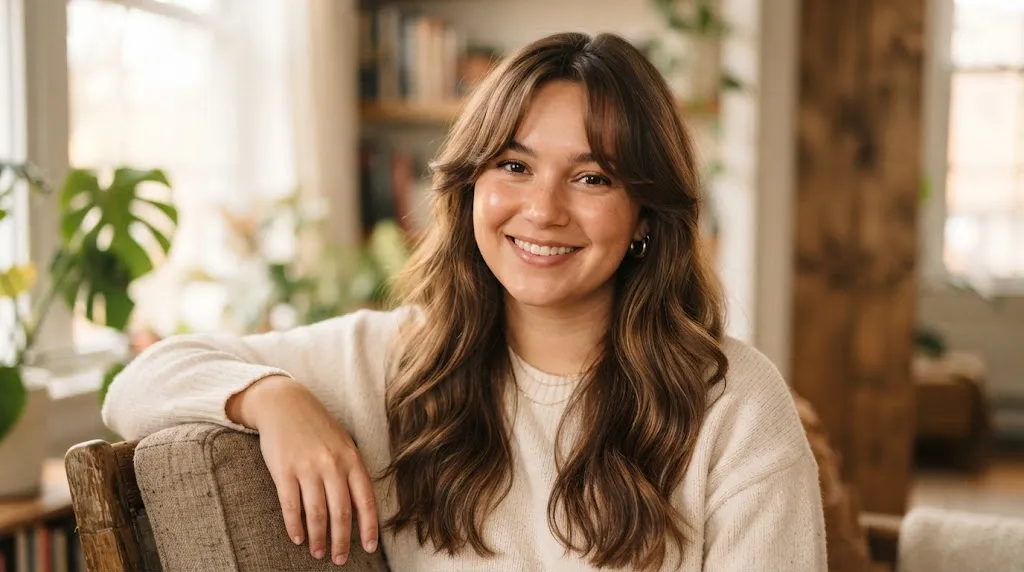 A woman with a round face shape showcasing long hair with soft face-framing curtain bangs and Indian style layers