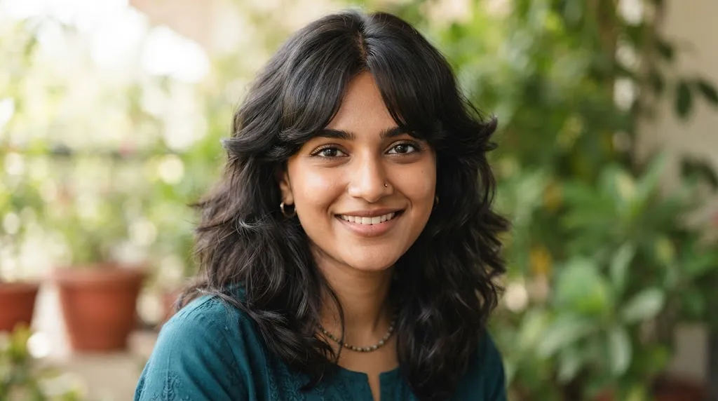 Real woman with a square face shape showcasing a flattering Indian style front hair cut with soft feathered layers and curtain bangs