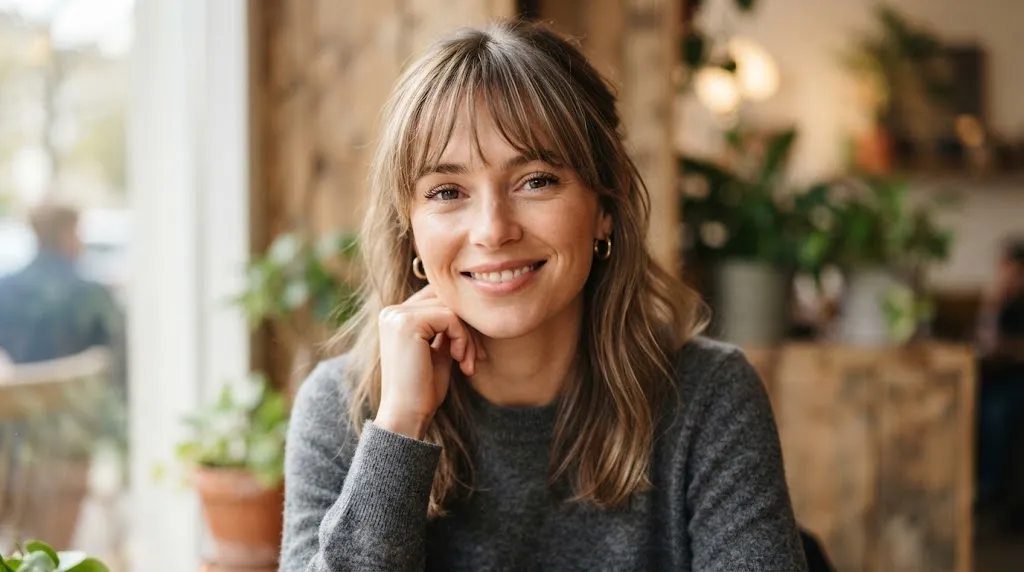 A beautiful woman with a lightweight wispy soft fringe haircut and long hair framing her face naturally