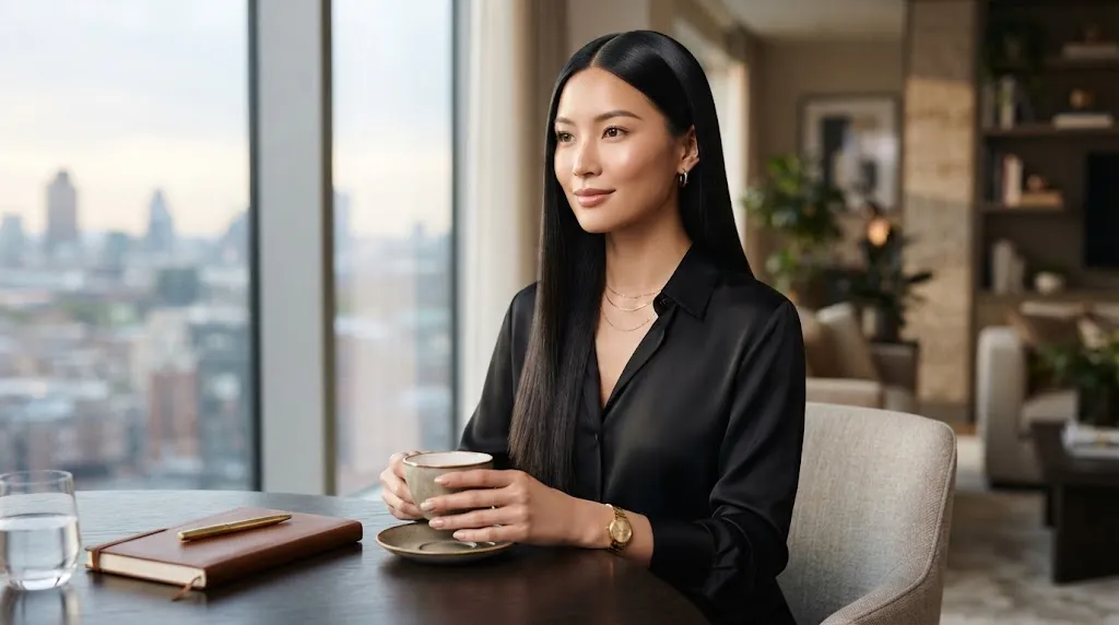 A woman with sleek, high-shine, glossy straight hair demonstrating classic elegance and a professional hairstyle.