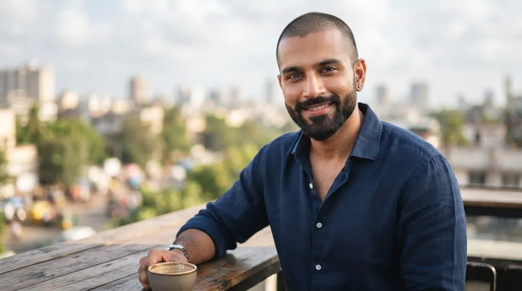 An Indian man with a stylish buzz cut and beard, demonstrating how short hairstyles suit thinning hair and receding hairlines