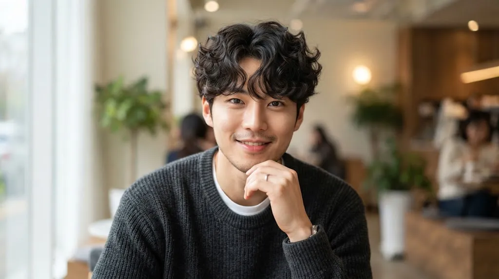 A handsome young man showcasing a modern Korean curly hairstyle with natural volume and defined textured curls framing his face.