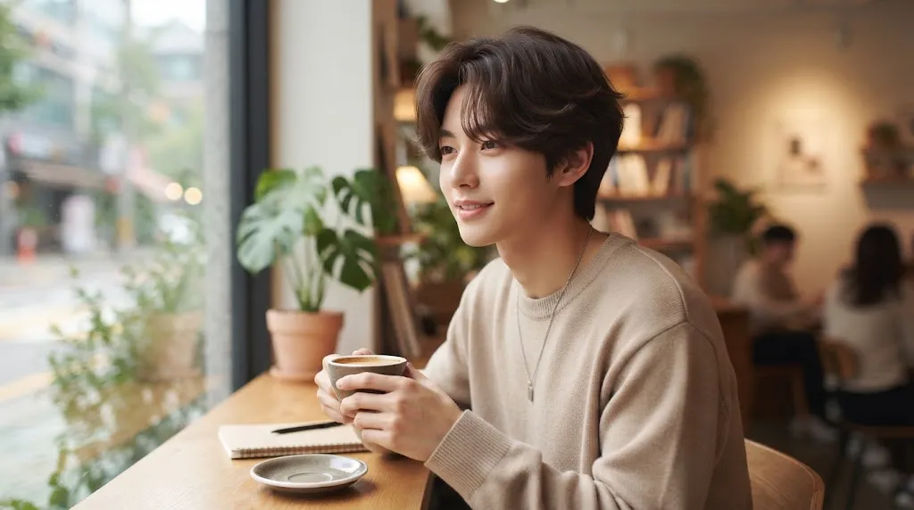 A young East Asian man with a stylish medium-length Korean curtain hairstyle sitting in a cafe, smiling and holding a coffee cup, perfectly balancing a long face shape.