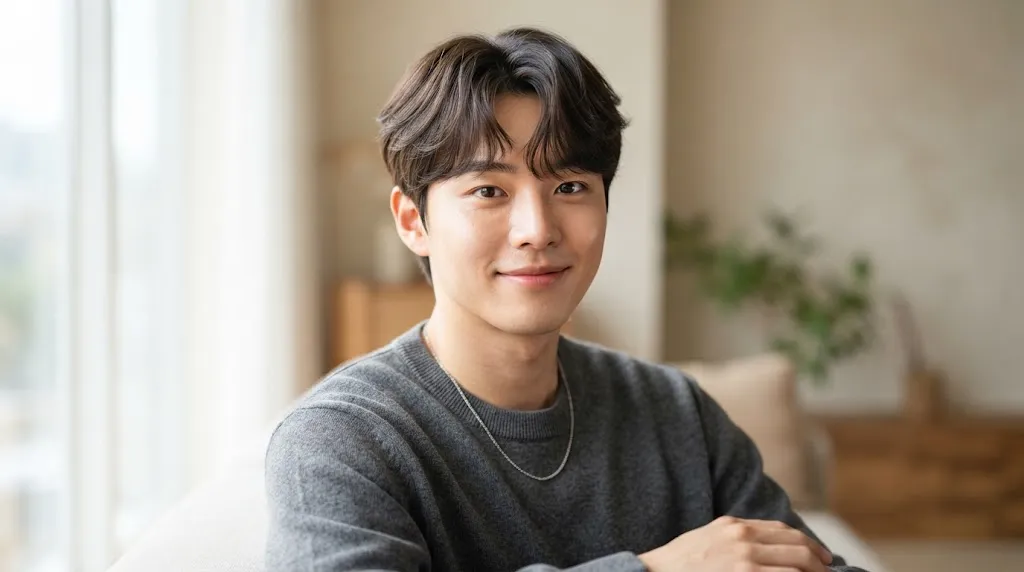 Young man with fine and thin hair styled in a modern, soft Korean haircut with natural texture and volume