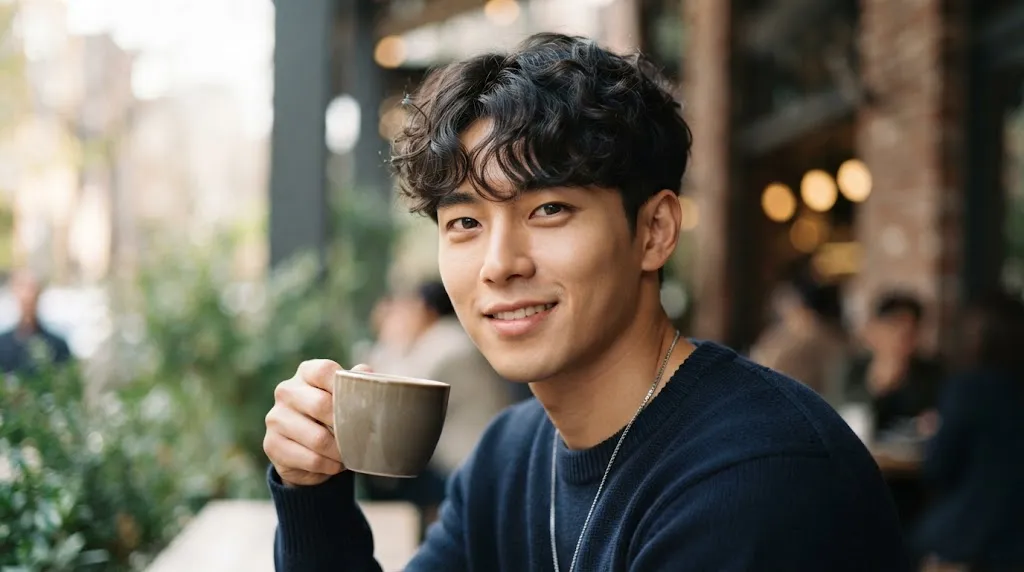 Modern Korean hairstyle for men with natural curls, soft texture, and controlled volume