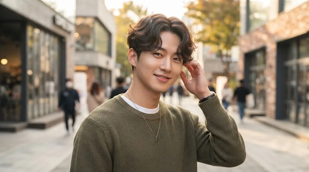 A young East Asian man smiling on a trendy street, showcasing a stylish medium-length Korean hairstyle with soft, natural wavy texture.