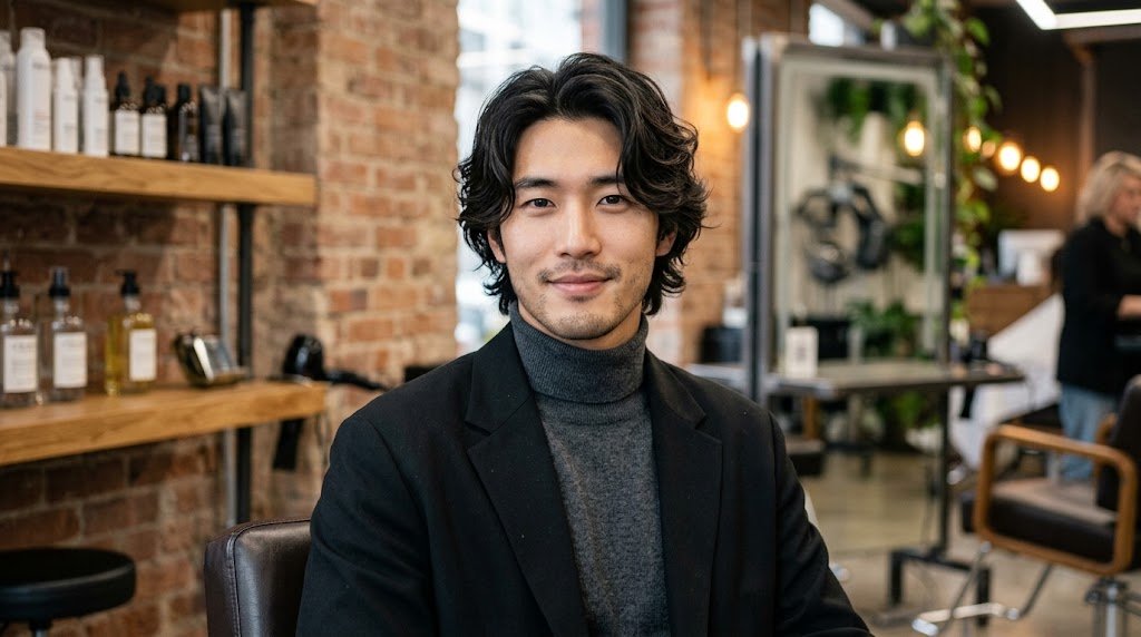 Handsome Asian man featuring a Korean perm flow hairstyle with soft natural S-waves framing his face in a modern salon setting.