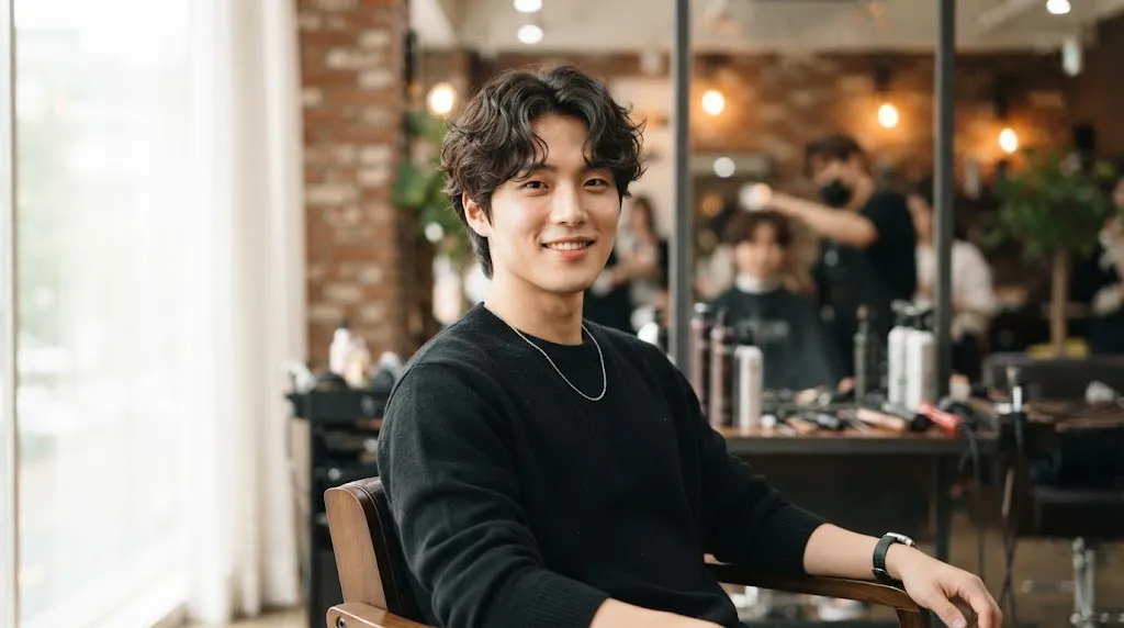 A young Korean man with a stylish perm-inspired hairstyle featuring natural textured waves and volume