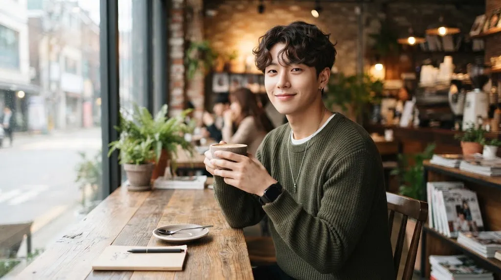 A young man with a stylish Korean mash perm hairstyle featuring soft textured curls framing the forehead