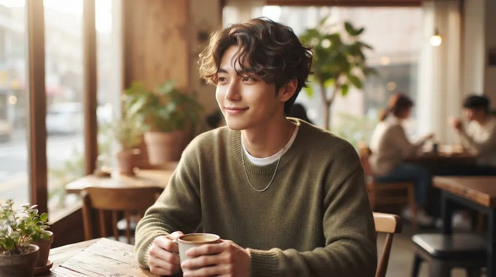 A young Korean man with a stylish medium-length haircut featuring soft, natural wavy texture, smiling while holding a coffee cup in a sunlit cafe.