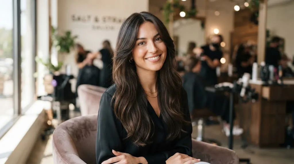 Woman with long hair showcasing a professional layered front cut framing her face gracefully
