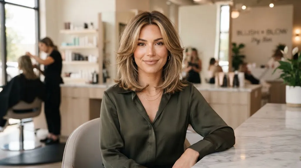 A stylish woman with a modern layered lob haircut, showcasing soft movement and texture designed to complement a square face shape.
