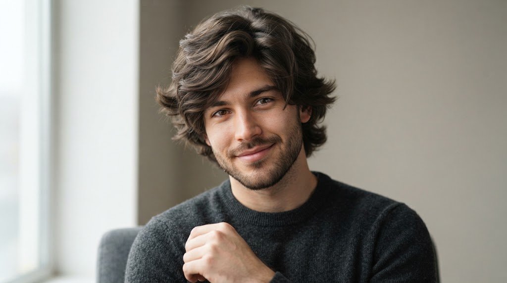 A stylish layered mop top haircut on a man, providing side volume and framing for an oblong face shape.
