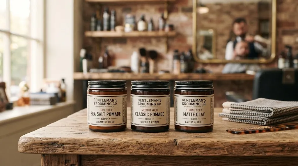 Different hair pomade containers displaying light, medium, and strong hold options for short hair styling