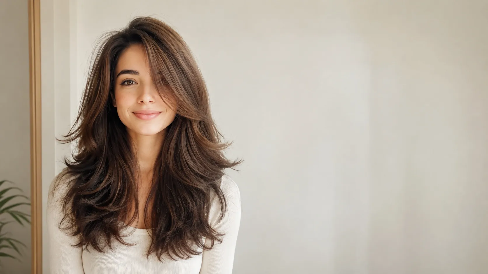 Wide 16:9 horizontal photograph of a model with a long butterfly haircut featuring short face-framing chin layers and voluminous flipped-out ends without text overlays.