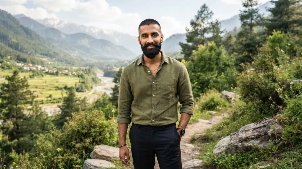 An Indian man showcasing a stylish long buzz cut paired with a well-groomed medium beard