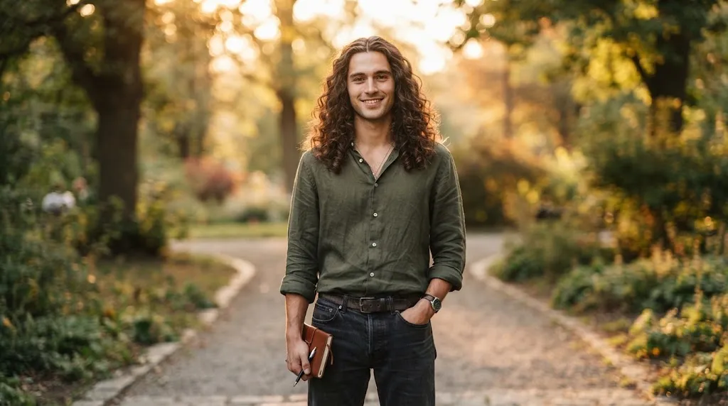 A man with long curly hair and a clean centre part showcasing a shoulder-length curly hairstyle