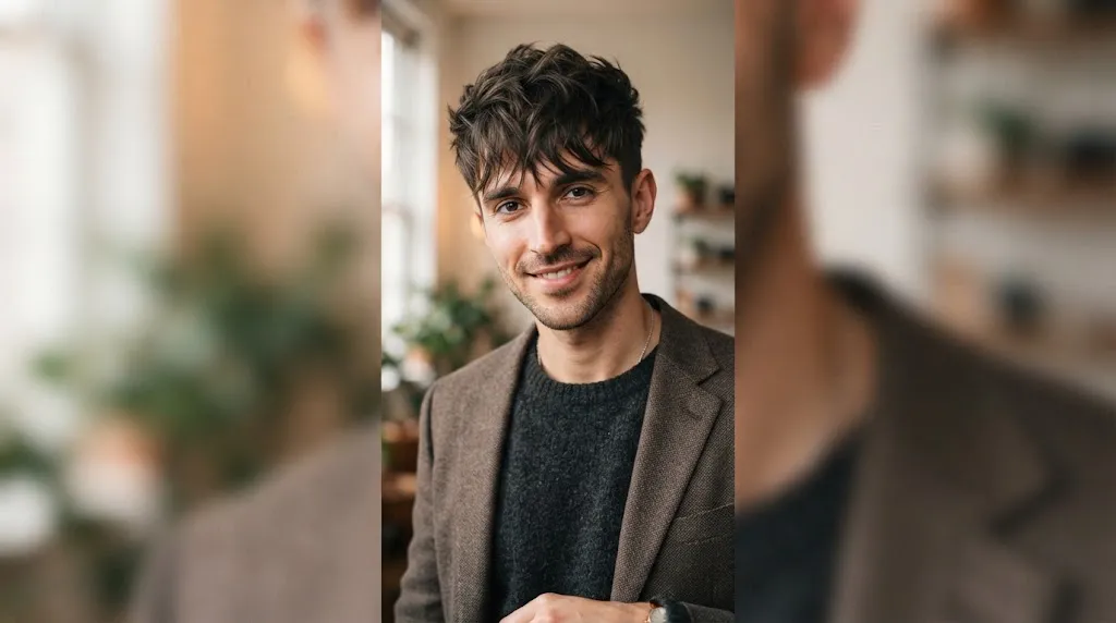 A man with an oblong face shape wearing a textured crop haircut with a fringe to balance facial length.