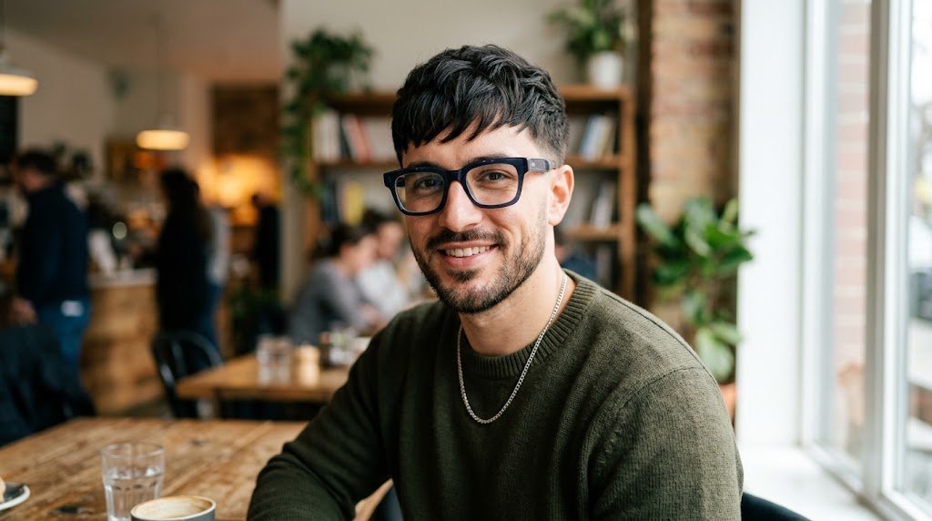 Man with long face shape wearing stylish wide eyeglasses with low taper forward textured hair for balanced face proportions