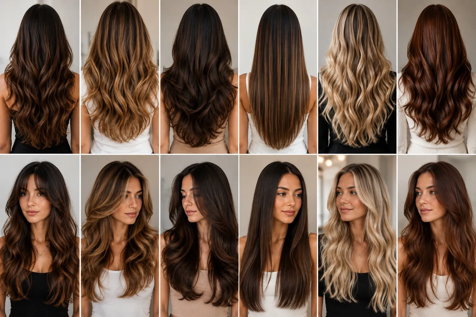 Long layered, straight and wavy hairstyles showing different shapes, volume and movement