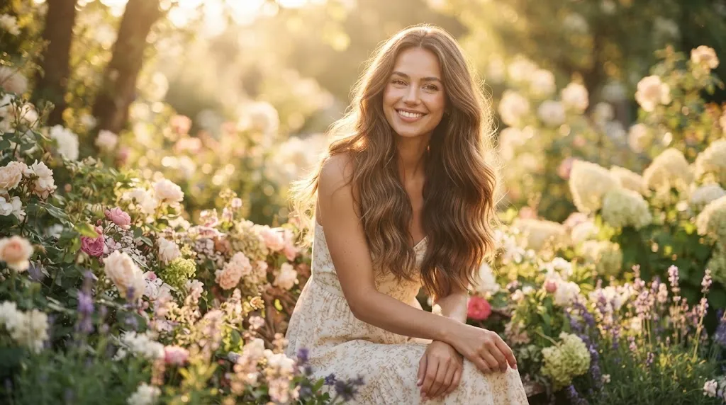 A girl with beautiful long, healthy flowing hair styled in soft modern waves for an elegant look.