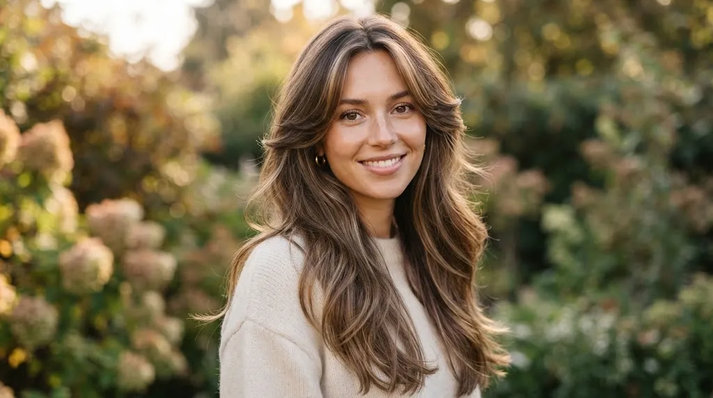 A woman with long hair and soft face-framing layers perfectly complementing a square face shape