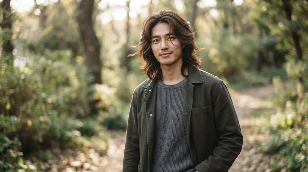 A young man showcasing a stylish long Korean hairstyle with soft layers and natural movement in natural lighting