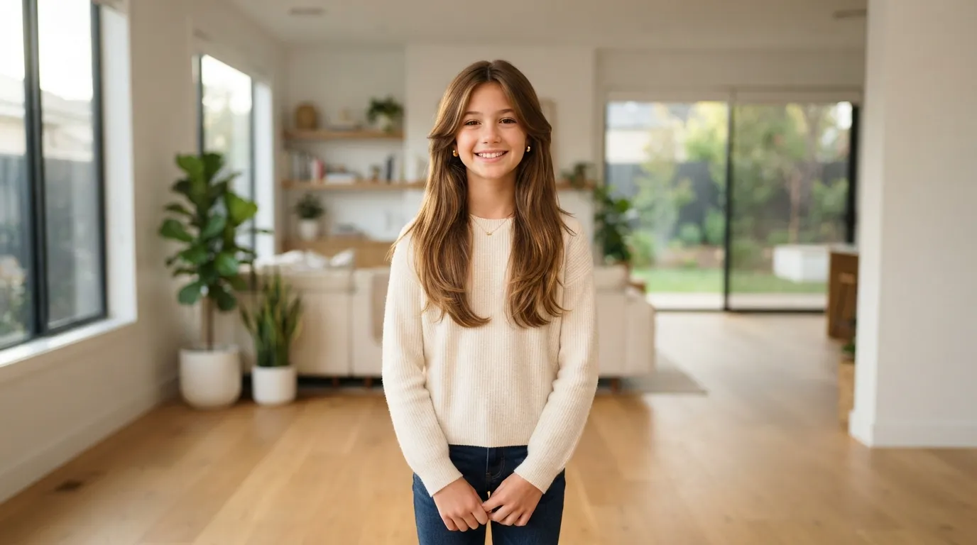 Ultra-high-resolution wide 16:9 landscape photo of a 12-year-old girl displaying a trendy long layered haircut with soft face-framing sections without text.