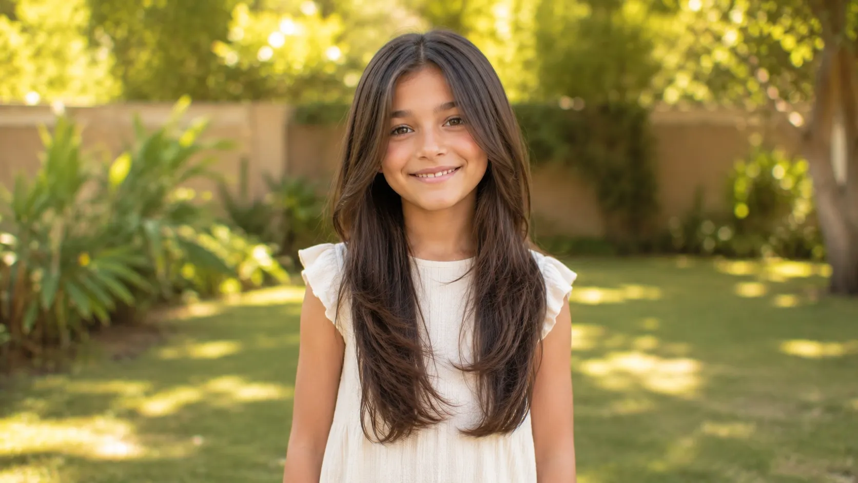 Ultra-high-resolution wide 16:9 landscape photo of an 8-10 year old girl showcasing a soft long layered haircut in a natural bright setting without text.