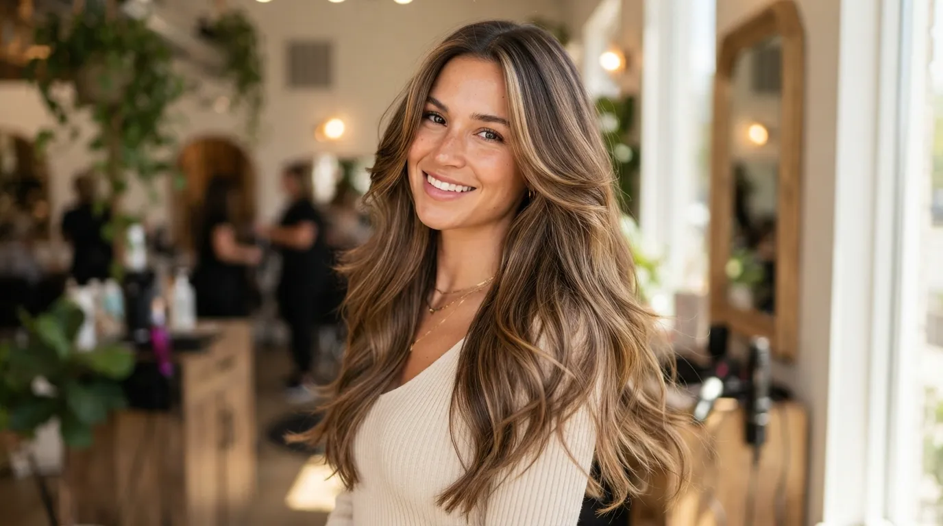 A real studio photography portrait of a young woman showing off a long layered haircut with smooth, flowing face-framing pieces and soft dimension throughout her length.
