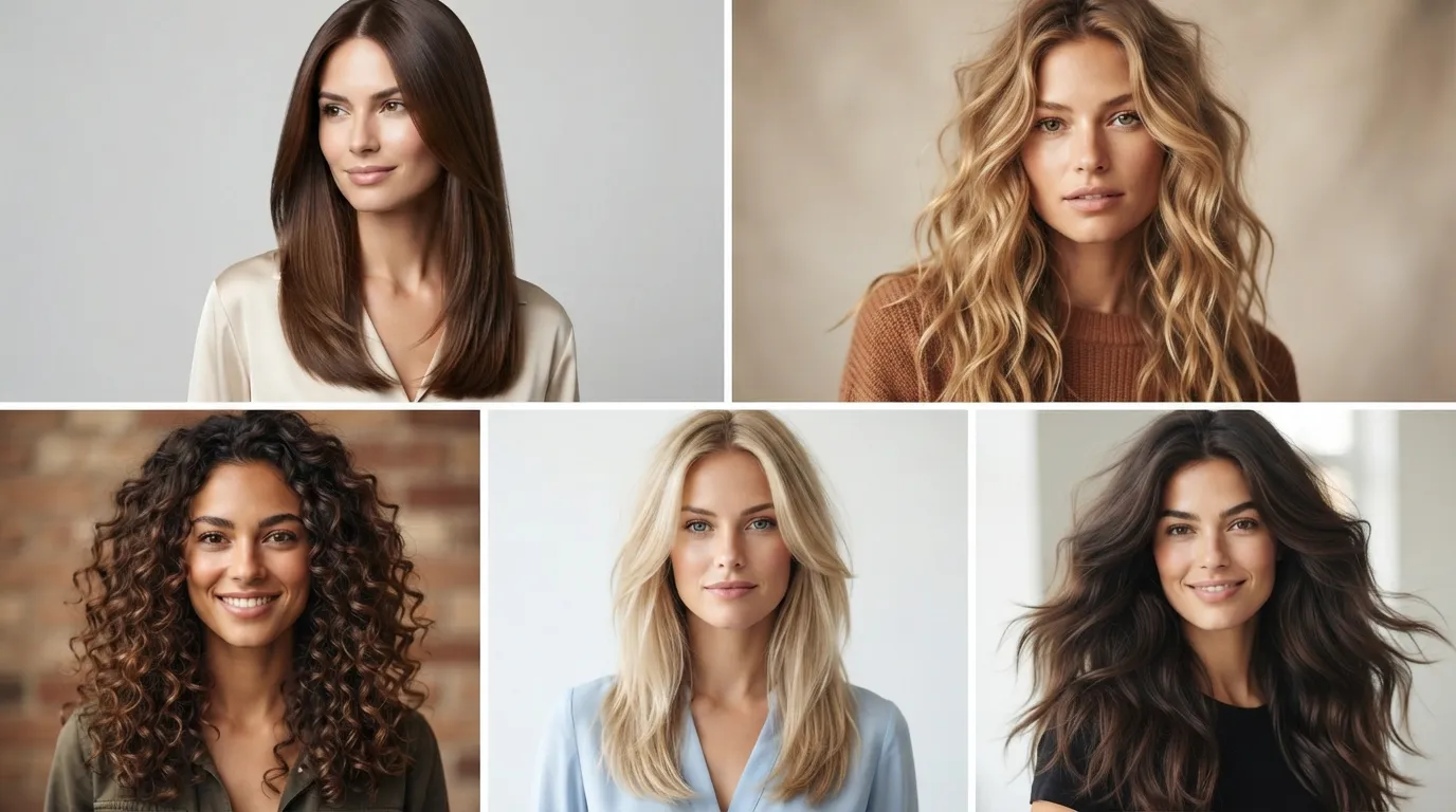 Real photo grid displaying long layered haircuts on straight, wavy, curly, fine, and thick hair types to show natural movement, volume, and texture without text.