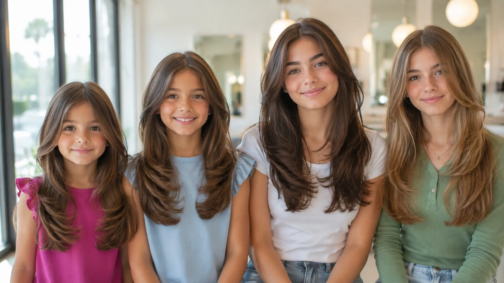 Ultra-high-resolution wide 16:9 landscape photo showcasing age-appropriate long layered haircuts for young girls and teens in a modern setting without text.