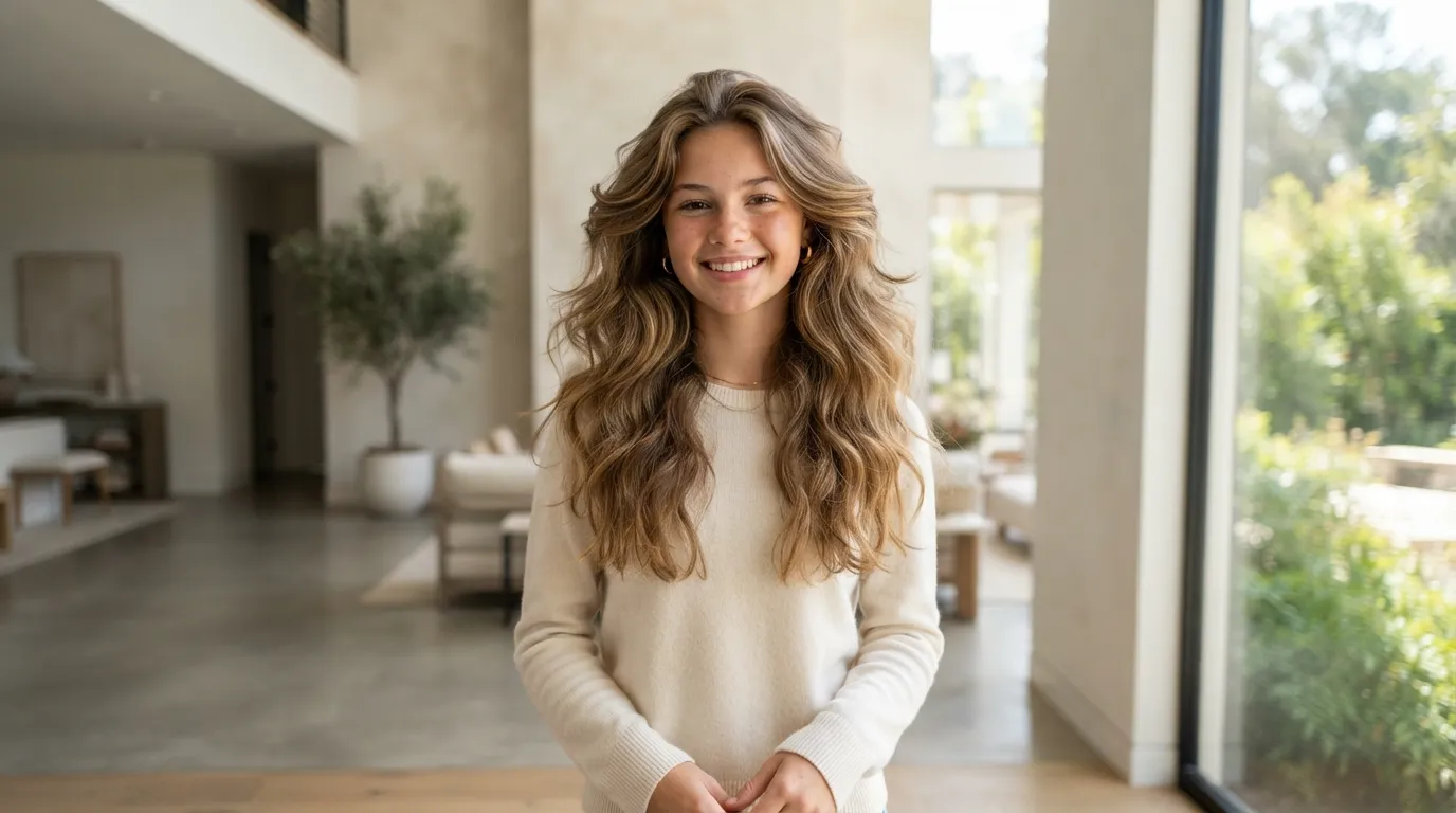 Ultra-high-resolution wide 16:9 landscape photo of a teenage girl showcasing a stylish long layered haircut with face-framing texture without text.