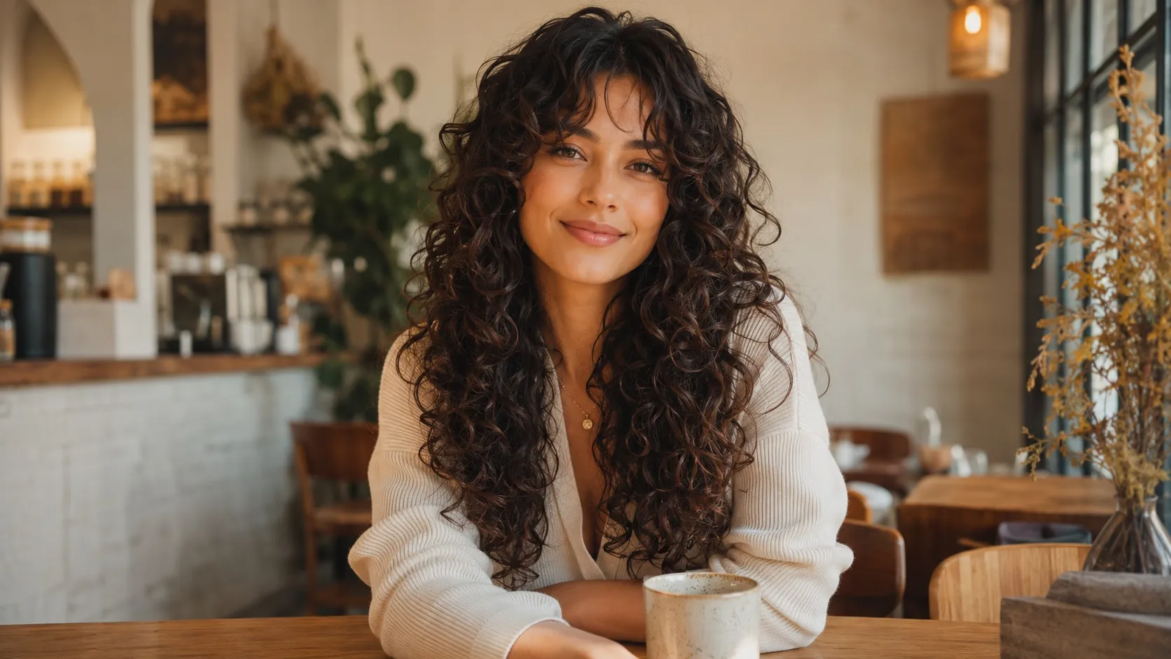 Ultra-high-resolution wide 16:9 landscape photo of a woman with long layered curly hair featuring defined bouncy curls in a modern cafe setting without text.