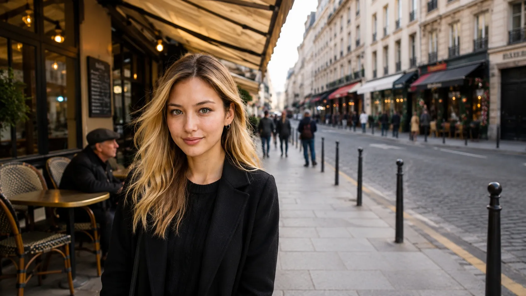 Ultra-high-resolution wide 16:9 landscape photo of a woman showcasing long subtle layers on thin fine hair for added volume in a cafe setting without text.