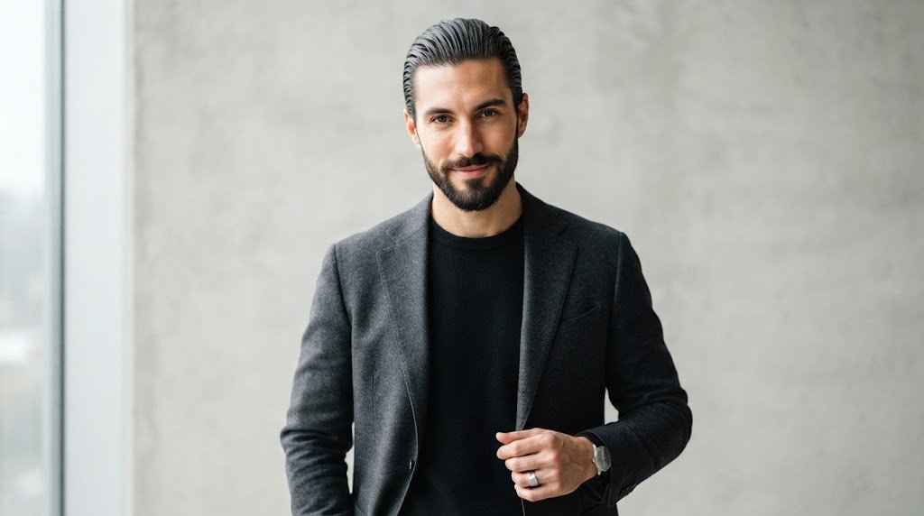 A man with an oblong face shape wearing a stylish long slick back haircut.
