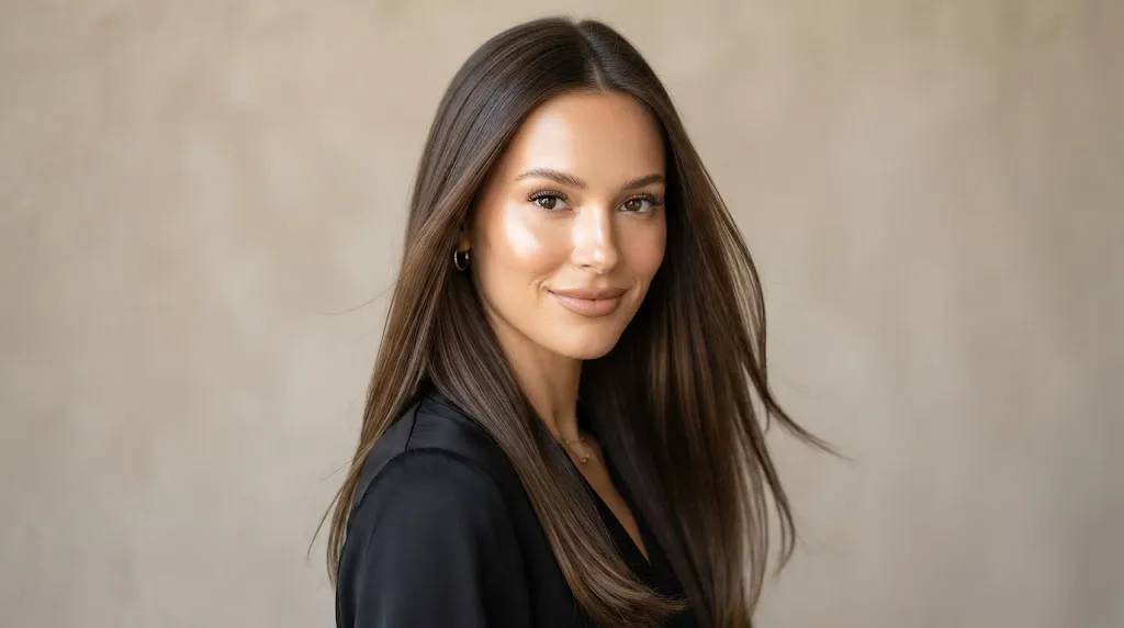 A woman with healthy, long, and sleek straight hair showing natural shine and movement.