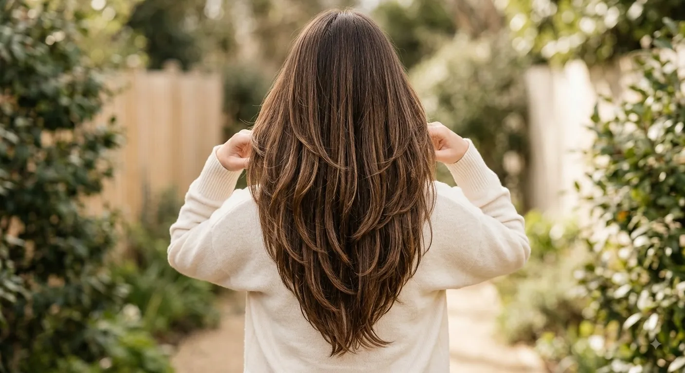 Real photograph captured from behind showing a woman with long brunette hair featuring distinct, cascading layers that taper into a sharp V-shape at the ends without text.